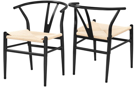 Yaheetech Set of 2 Weave Arm Chair Mid-Century Metal Dining Chair Y-Shaped Backrest Hemp Seat, Black Yaheetech