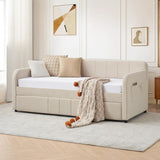 Twin Size Daybed with Pop Up Trundle Bed,Velvet Twin to King Size Day Bed Frame with USB Ports&Side Pockets,Extendable Upholstered Wooden Sofa Bed for Bedroom,Living Room,No Box Spring Needed,Beige JEEOHEY