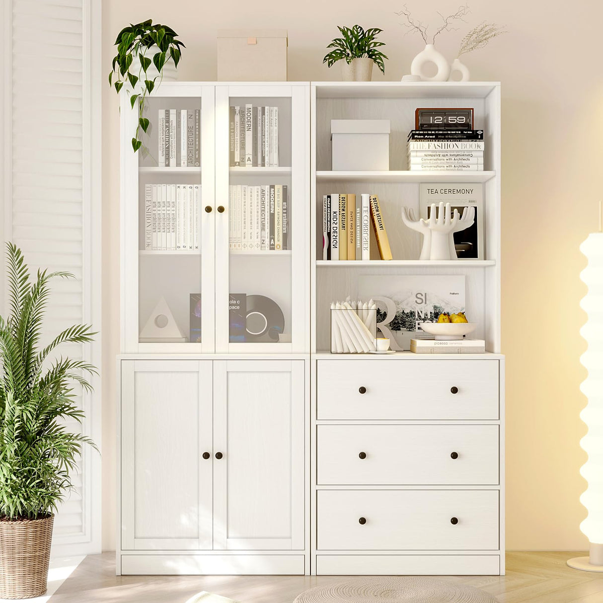 TUSY 71" H Bookshelf with Storage, 6-Tier Modern Bookshelves with 3 Large Drawer, Display Bookcase with Glass Doors, Modern 5-Tier Curio Cabinet for Home Office, Dining Room (White, AB) TUSY
