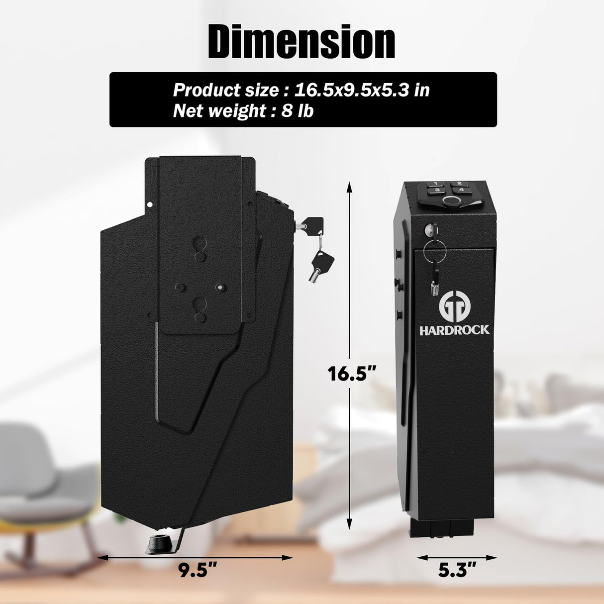 HARDROCK Gun Safe for Pistols, Biometric Wall Mounted Handgun Safe Box for Desk, Bedside,Truck，Drop Down Quick Access Security Safe with Fingerprint Keypad Lock for Home nightstand HARDROCK