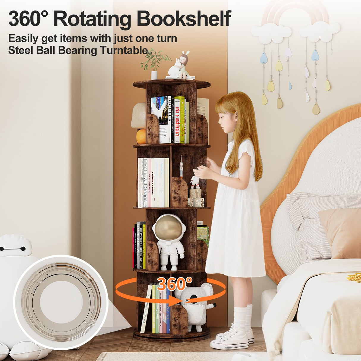 Huisenitre 360°Rotating Bookshelf,4 Tier Corner Bookcase,Book Shelf,Floor Storage Wood Organizer for Sturdy,Home Office,Living Room,Bedroom,Kids Room Huisenitre