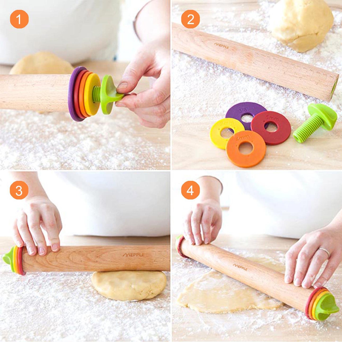 Mepple Rolling Pin with Thickness Rings and Pastry Baking Mat, 13.6" Adjustable Wood Rolling Pin Dough Roller for Baking Cookie Pizza, Comes with Large Silicone Pastry Mat and Wooden Stand