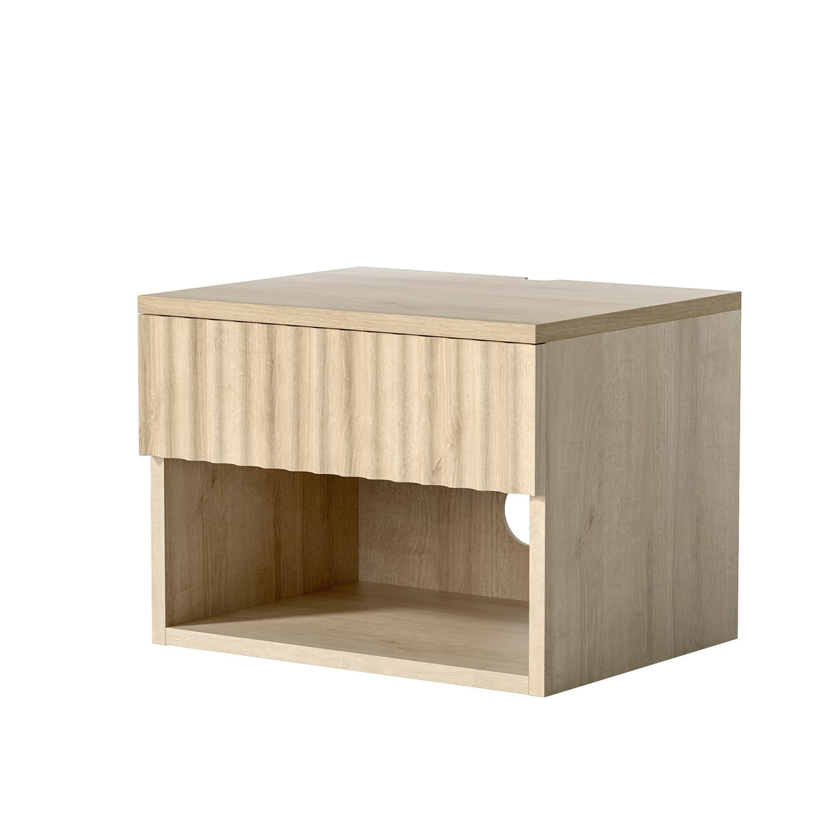 EYYTHUNG Floating Nightstand Set of 2 with Drawer, Fluted Modern Night Stand with Fluted Door and Open Storage Shelf Wall Mounted Bedside Table for Bedroom, Entryway Light Oak EYYTHUNG