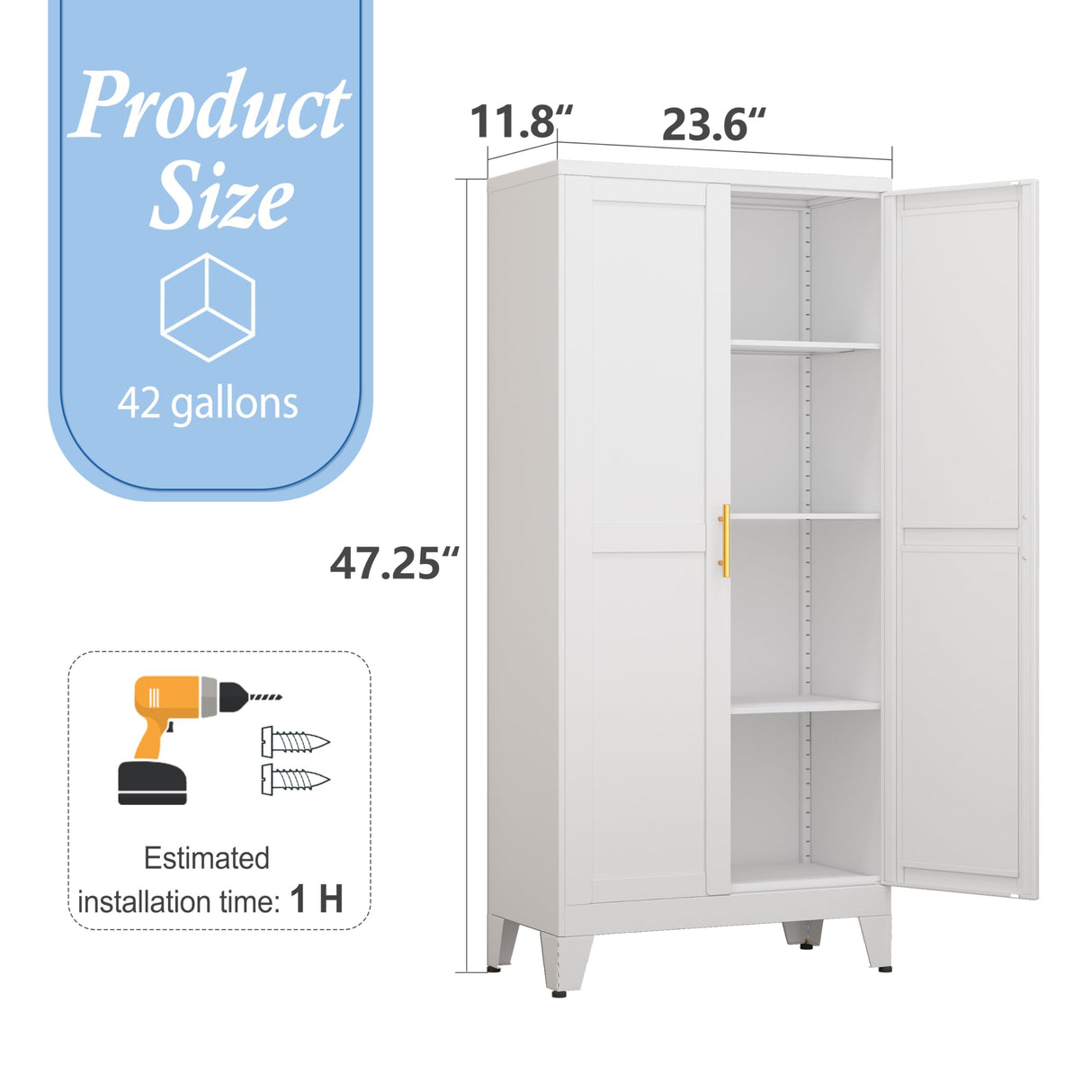 RISTERN White Metal Storage Cabinet, 48" Steel Cabinets for Home Office, Kitchen Pantry Storage Cabinet with Doors and 3 Adjustable Shelves, for Office, Home, Garage, School RISTERN