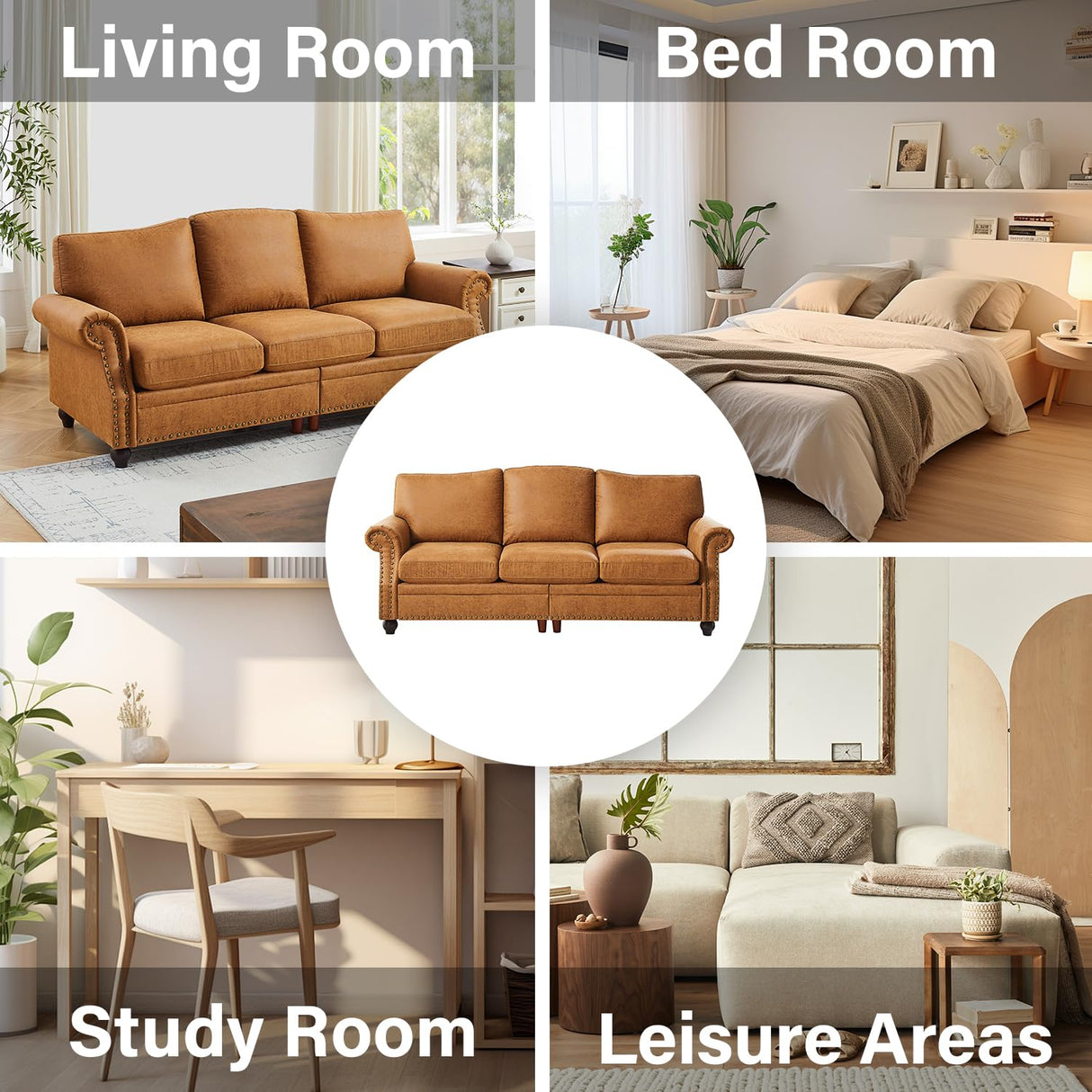 LegacyAmerhome 85'' Faux Leather Couch for Living Room, Mid Century Modern Leather Sofa with Rolled Arm, Classic 3 Seat Brown Couches with Nailheads Trim, Big Comfy Couch with Deep Seat for Apartment LegacyAmerhome