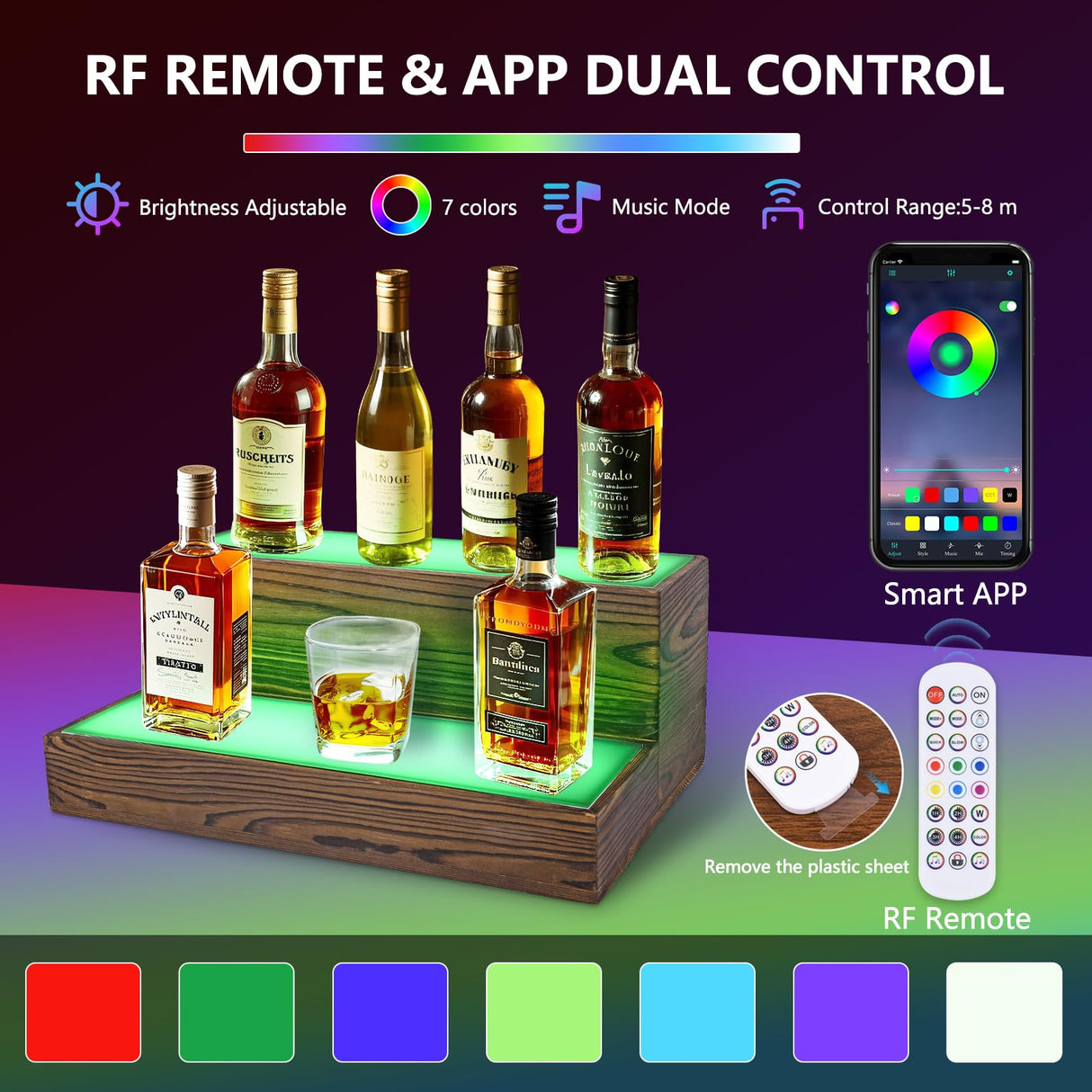 Wine Rack with LED Light Liquor Bottle Display Shelf Wall Mounted, 2 Tier Acrylic Illuminated Bar Bottle Display Floating Shelf for Home Commercial Bar Party BEARUT