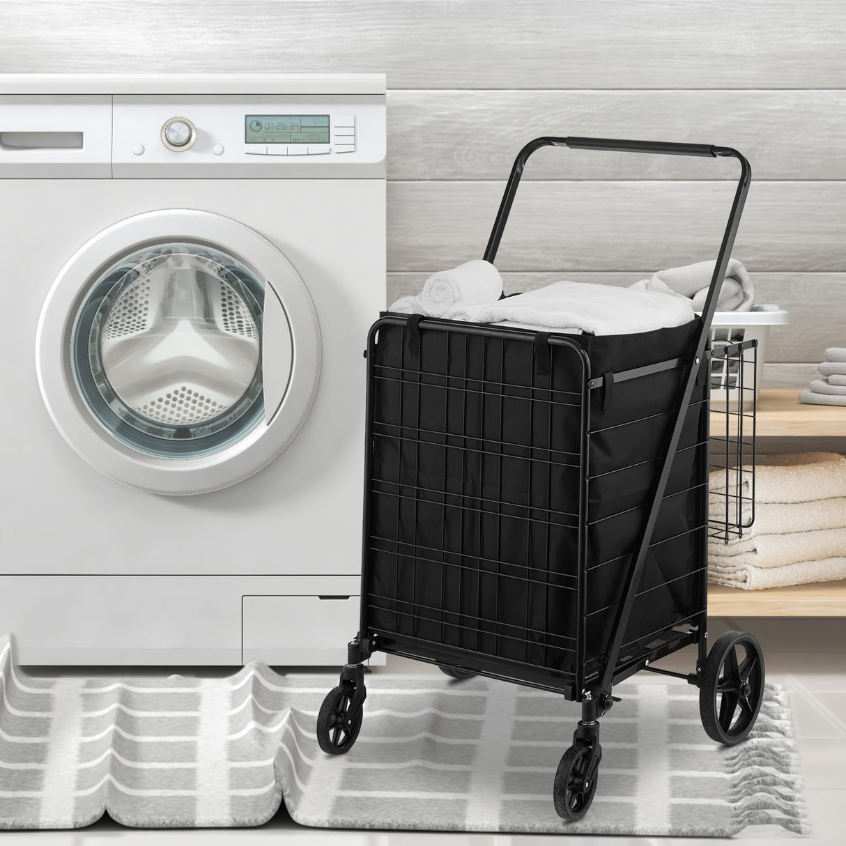 VEVOR Folding Shopping Cart with Removable Waterproof Liner, 330LBS Large Capacity Jumbo Grocery Cart with Dual Basket, 360° Swivel Wheels, Dense Metal Mesh Base, Heavy Duty Utility Cart for Shopping VEVOR