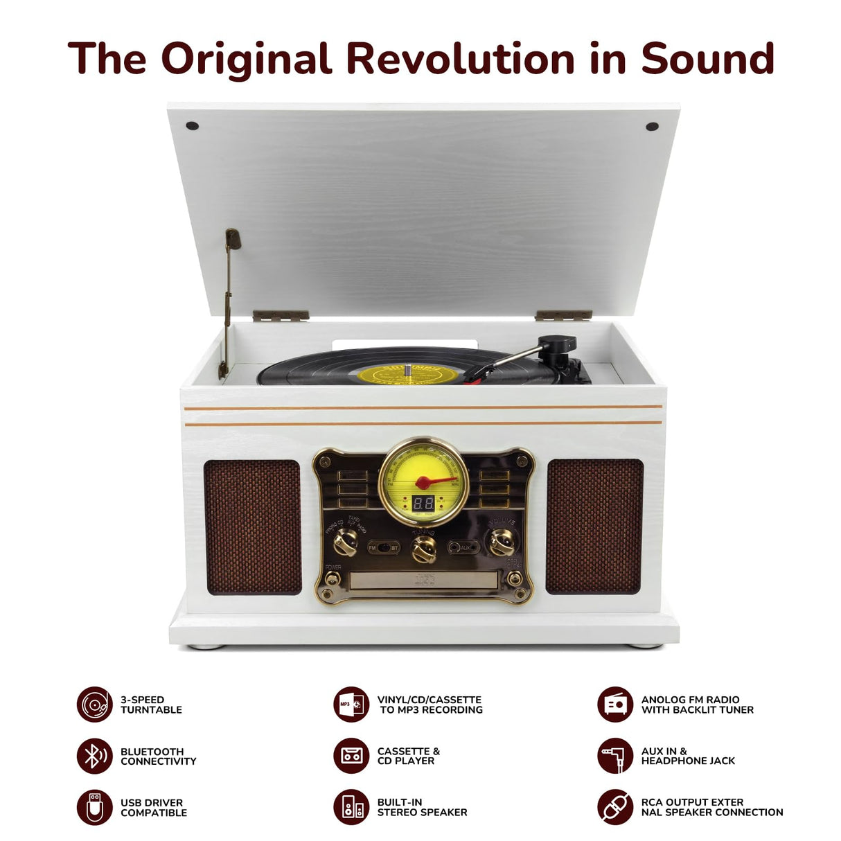 FEKTIK Bluetooth Record Player 10 in 1,FEKTIK 3-Speed Turntable for Vinyl with Speakers, LP to MP3 Converter, CD, Cassette Player, FM Radio, Wireless Streaming | White FEKTIK