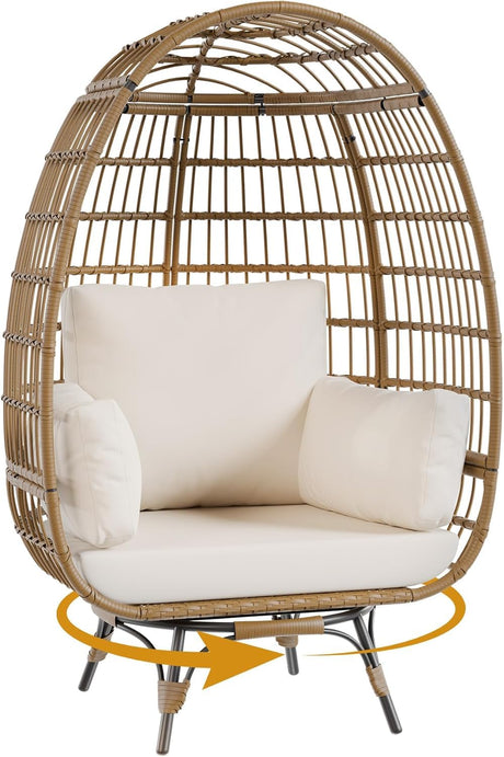 FinerFurnis Outdoor 360° Swivel Egg Chair - Oversized Egg-Shaped Lounge Chair, Steel Frame, 4 Thick Cushions, Patio Rotating Wicker Egg Basket, Indoor Outdoor Porch Living Room, Beige FinerFurnis