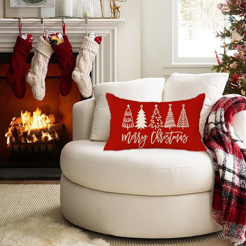 RABUSOFA Christmas Pillow Covers 12x20 Inch,Merry Christmas Tree Pillows Decorative Throw Pillows,Xmas Red Cushion Cover Decor for Holiday Couch Sofa Outdoor Lumbar(6) RABUSOFA