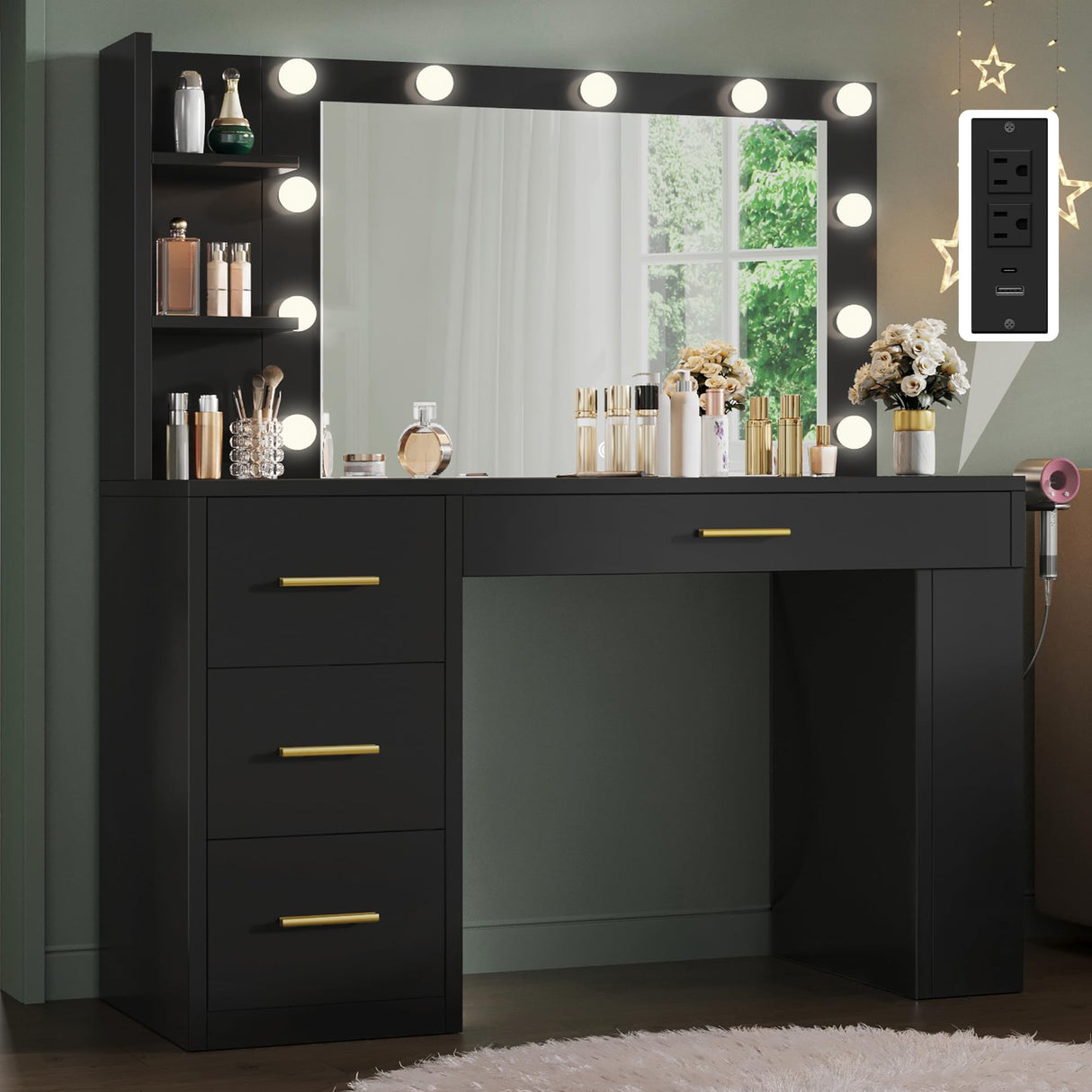 YITAHOME Vanity Desk with Mirror and Lights, Makeup Table with Charging Station, Large Vanity Set with 4 Drawers, Cute Makeup Desk with 6 Storage Shelves, Black YITAHOME
