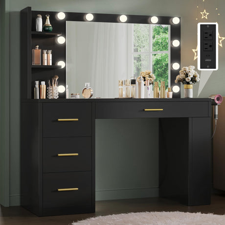 YITAHOME Vanity Desk with Mirror and Lights, Makeup Table with Charging Station, Large Vanity Set with 4 Drawers, Cute Makeup Desk with 6 Storage Shelves, Black YITAHOME