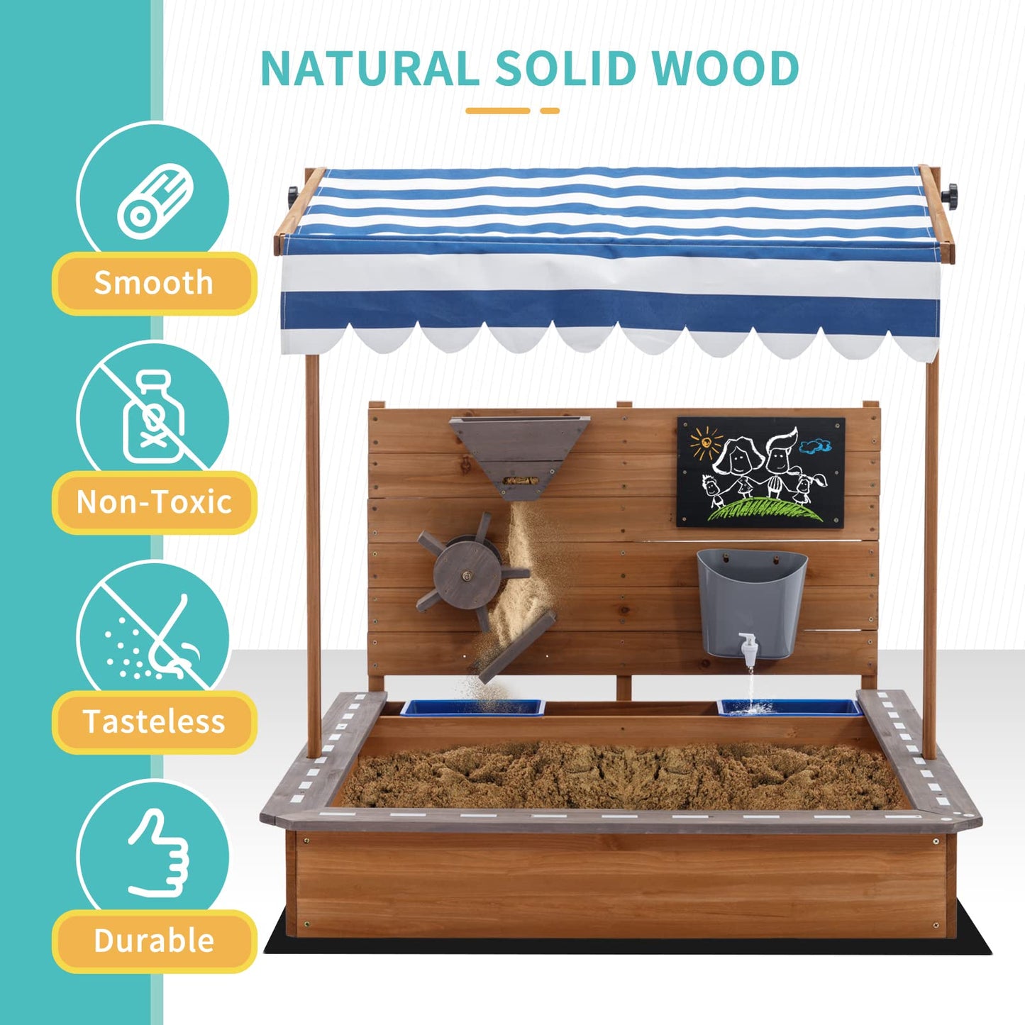 Kids Large Wooden SandBoxes with Cover, MOOITZ Outdoor Sand Box Play w/Canopy for Backyard Garden Beach, Sand Pit for Beach Patio Outdoor, [Adjustable Roof & Sand Funnel & Drawing Board] - Br - WoodArtSupply