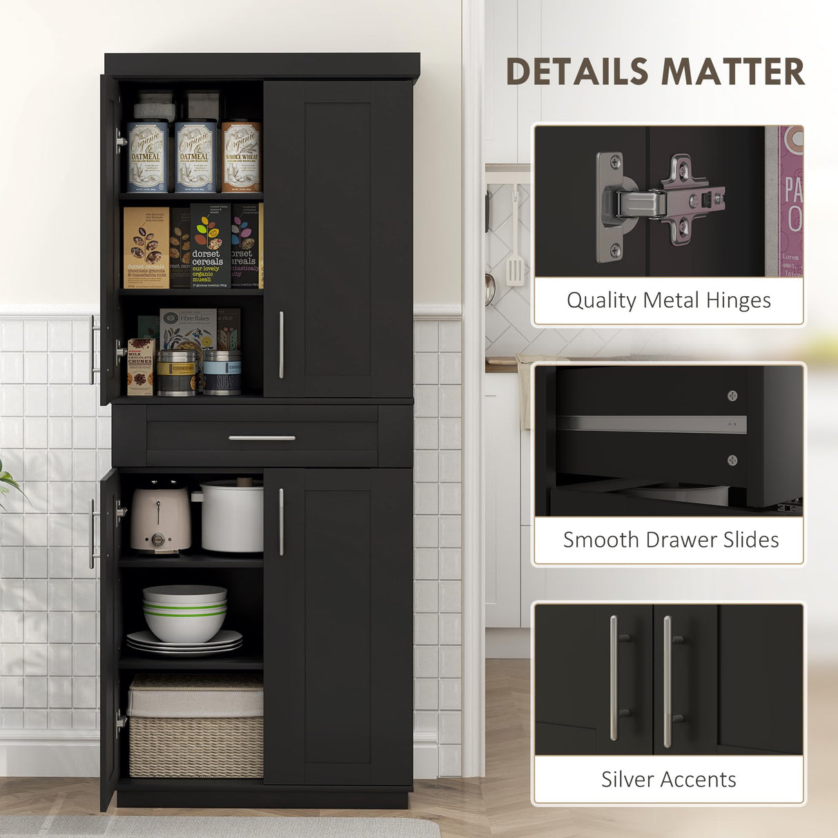 HOMCOM 72" Kitchen Pantry Cabinet, Freestanding Tall Storage Cabinet with 4 Doors, Drawer and 3 Adjustable Shelves for Dining Room, Black HOMCOM