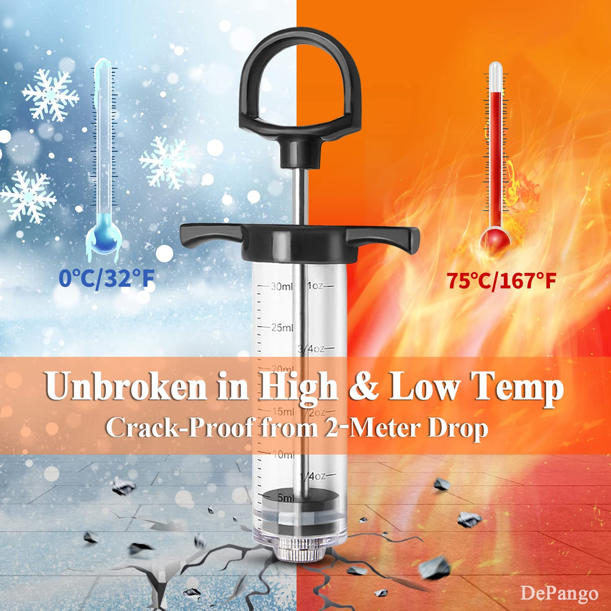 DePango Meat Injector, Anti-Break 1-oz Turkey Injector Syringe for Meats with 2 Stainless Steel Meat Needles, Crack-Proof Plastic Marinade Flavor Injector for BBQ Smoker, Steak, Pork and Chicken DePango