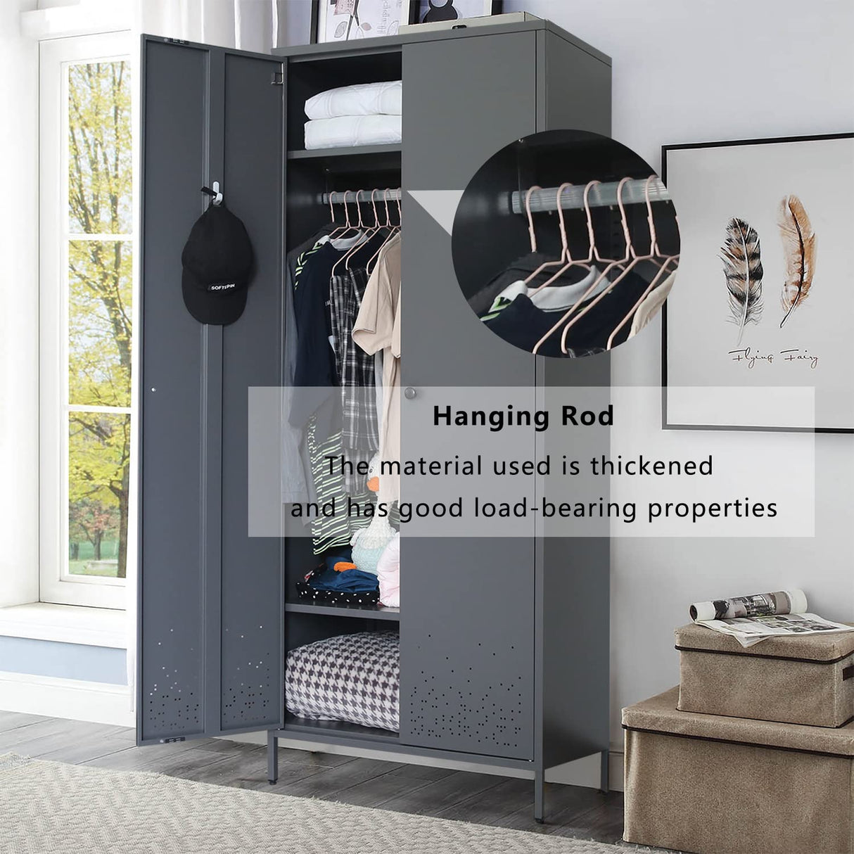 BESFUR Bedroom Armoires, Metal Wardrobe Armoire Closet with Hanging Rod, Adjustable Shelves, 20" D x 31.5" W x 74" H - Charcoal Grey BESFUR