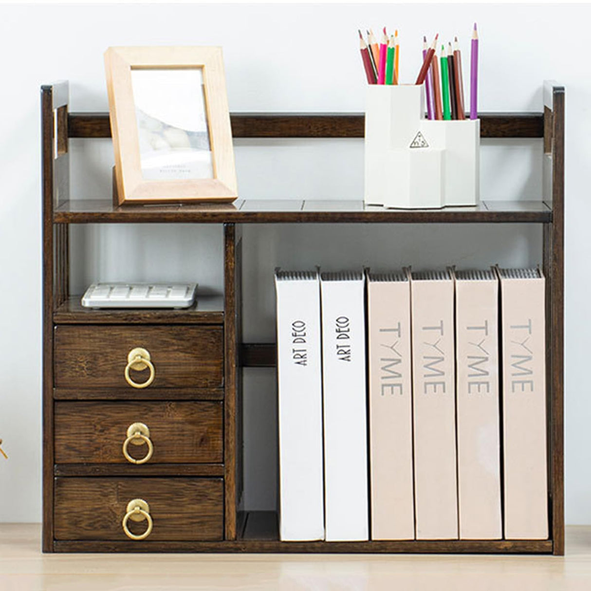 ILWorkTLs 2 Tier Bamboo Countertop Bookshelf,Desktop Organizer Shelves with 3 Drawers,Desktop Bookcase for Home Office,Walnut ILWorkTLs