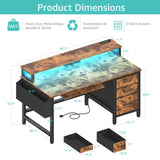 Lufeiya Computer Desk with File Drawers Cabinet, 47 Inch Home Office Desks with Keyboard Tray, Gaming Desk with LED Lights and Power Outlets, Writing Table PC Desks with Monitor Stand, Rustic Brown Lufeiya
