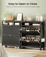AOGLLATI Shoe Cabinet Storage,Narrow Fluted Shoe Rack Cabinet with 2 Flip Drawers, Wooden Freestanding Organizer with Open Storage Space for Entryway,Black AOGLLATI
