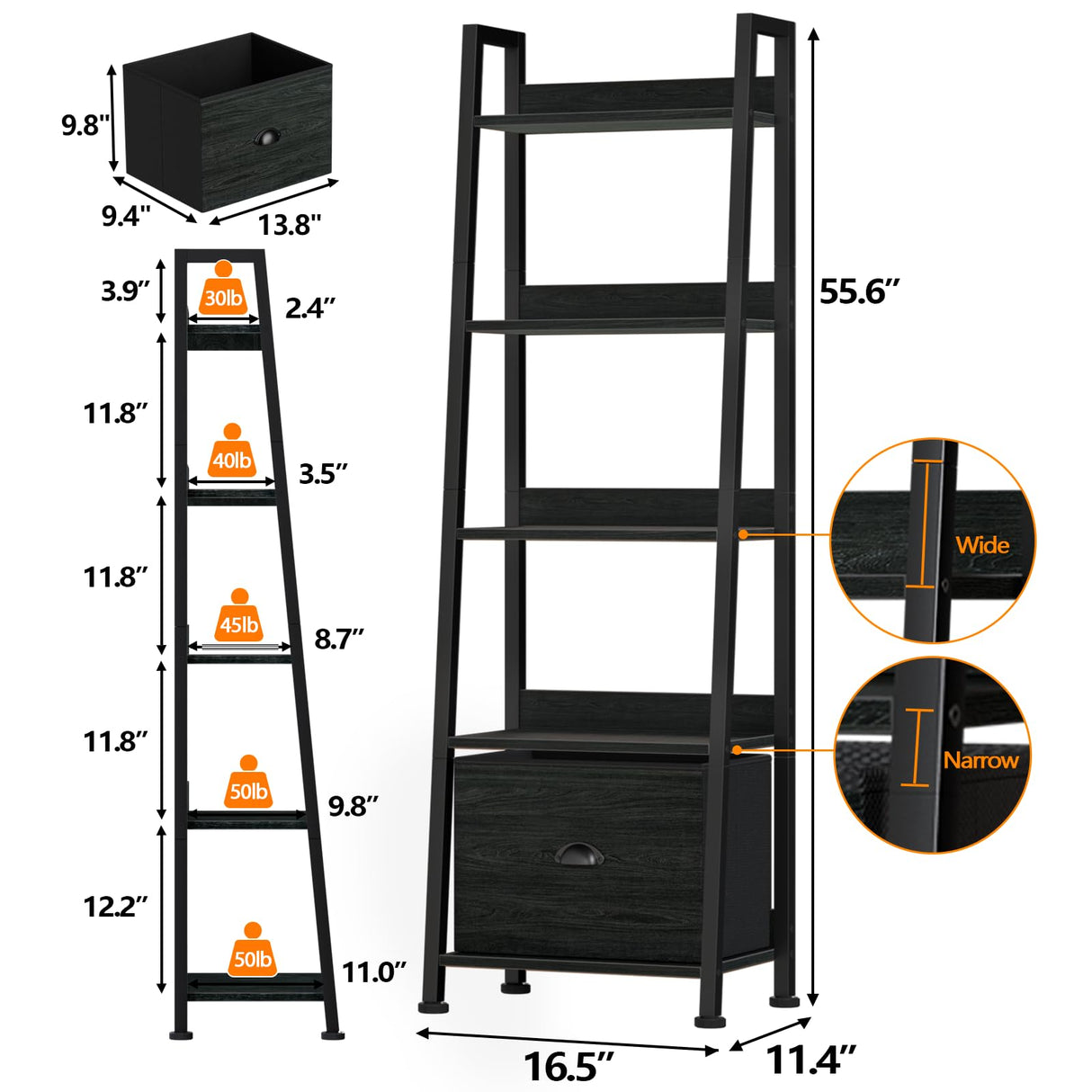 Furologee 5-Tier Ladder Shelf, Narrow Ladder Bookshelf with Drawer, 55.6”Tall Industrial Bookcase Storage Rack Organizer, Freestanding Storage Shelve for Living Room, Home Office, Bedroom, Black Oak Furologee