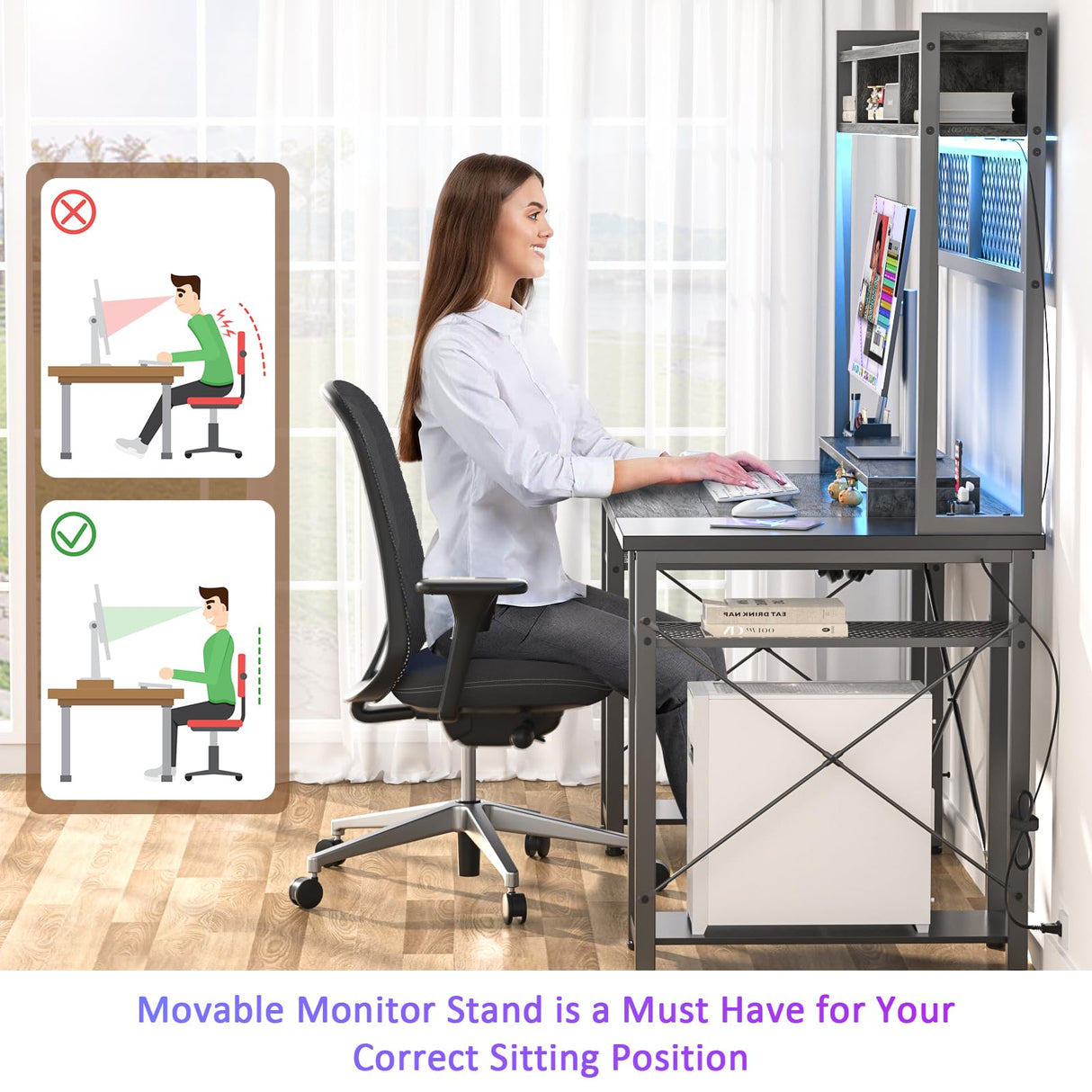 armocity 2024 Upgrade Gaming Desk with Hutch, 48'' Magic Computer Desk with LED and Outlets, Reversible Workstation Desk with Pegboard, Grey/Black armocity