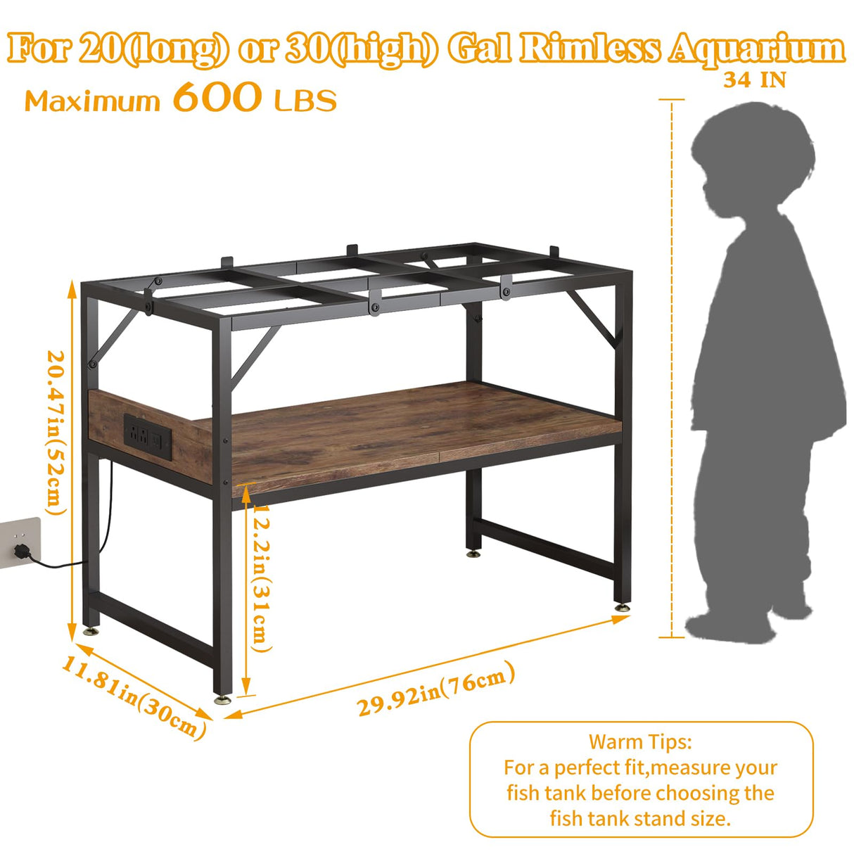 METYERRY Modern 20 Gallon Long Fish Tank Stand for Home Office, 2-Tier Aquarium Stand with Shelf for Storage, Fish Tank Table 30" x 12" x 20.5", Ideal for Breeder Tanks,and Reptile Terrariums, Rustic Brown METYERRY