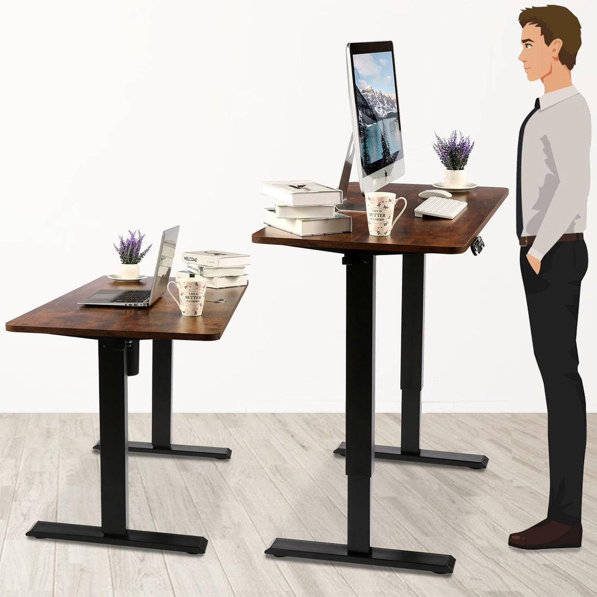 Legooin Standing Desk, 48'' X 24'' Adjustable Height Desk, Ergonomic Home Office Sit to Stand Desk, 27''-46'' Lifting Range Stand Up Desk with Double Hooks(Brown) Legooin