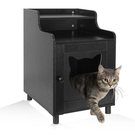 DOUSY- Small Wooden Cat Litter Box Enclosure, Hidden Litter Box Furniture Enclosed Cat Washroom Storage Cabinet, Side Table, Nightstand, Indoor Pet House 15.8 x 15.8 x 24 Inches, Black DOUSY