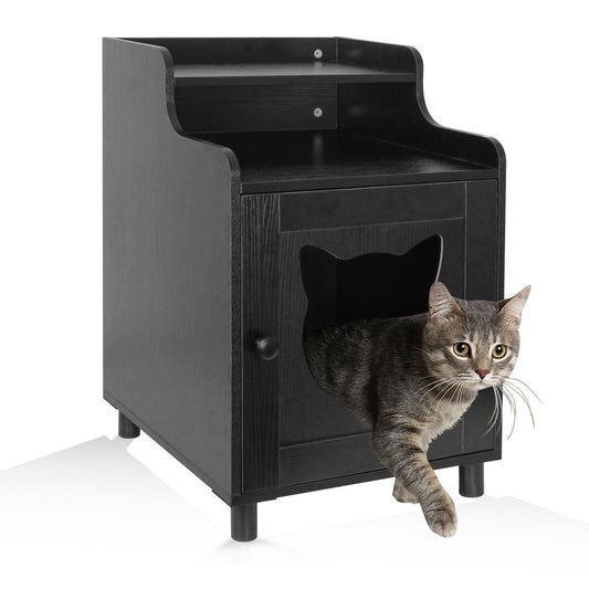 DOUSY- Small Wooden Cat Litter Box Enclosure, Hidden Litter Box Furniture Enclosed Cat Washroom Storage Cabinet, Side Table, Nightstand, Indoor Pet House 15.8 x 15.8 x 24 Inches, Black