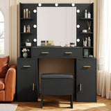 DWVO Makeup Vanity Desk with Hollywood-Style Mirror, Adjustable LED Lighting, Vanity Table Set with Stool and Power Outlet, Storage Drawers, Shelves and Cabinet, Dressing Room, Carbon Black DWVO