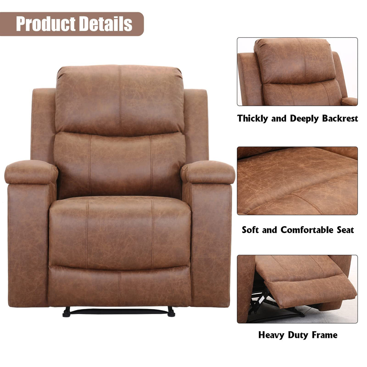 CANMOV Leather Recliner Chair, Classic and Traditional Manual Recliner Chair with Overstuffed Arms and Back, Manual Single Sofa with Concealed Cup Holders, Brown CANMOV