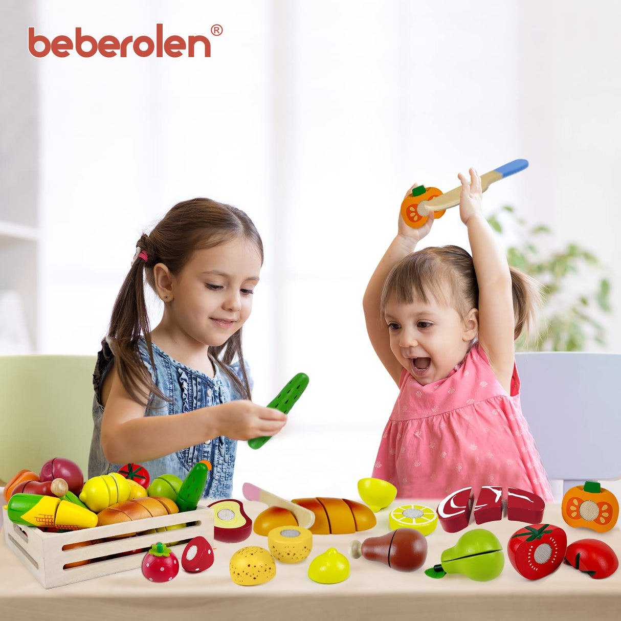 Beberolen Wooden Play Food Sets for Kids Kitchen Toddlers Wood Toys Cutting Fruit Pretend Food Play Kitchen Accessories Set for Boys and Girls Beberolen