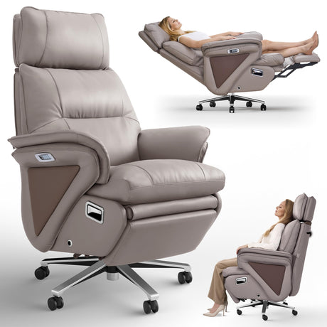 OKUP M78 Dual Motor Electric Executive Office Chair with Heat Massage Ventilation, 180° Lay-Flat Reclining Office Chair with Footrest, Adjustable Headrest, Electric Lumbar Support (Beige) OKUP