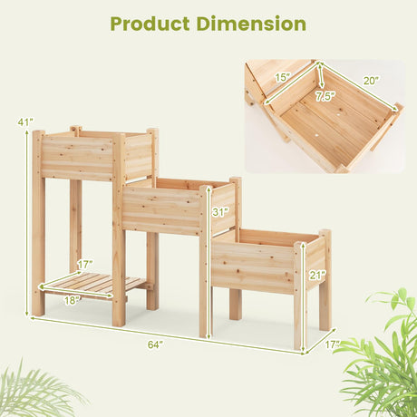 HAPPYGRILL 3-Tire Raised Garden Bed, Wooden Raised Planter Box with 3 Planter Boxes, Drainage Holes, Open Storage Shelf, Outdoor Garden Bed with Legs for Plant, Fruit, Vegetable, Flower, Herb HAPPYGRILL