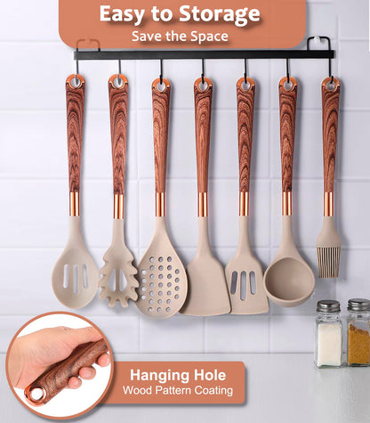 Silicone Kitchen Utensils Set with Holder- 24pcs Cooking Utensils Set, Wood Pattern Handle Silicone Utensils for Cooking with Food Safety Turner, Pasta Server, Skimmer, Ladle, Spoon, Tong, Whisk