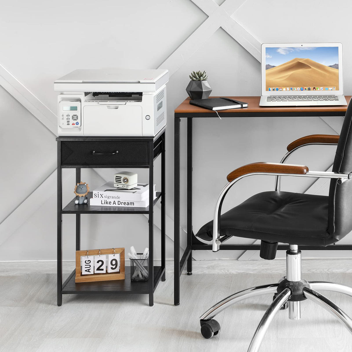 Printer Stand with Storage 3 Tier Home Printer Table with Drawers Multifunctional Under Desk Printer Shelf Holder Industrial End Table Nightstand for Fax Machine Scanner Files Brown BTY