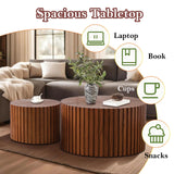 Handcraft Round Nesting Coffee Table - Chic Wave Stripe Edge, Modern Stylish Walnut Wooden Circle Fluted Center Table for Living Room (27.6in+19.7in) Generic