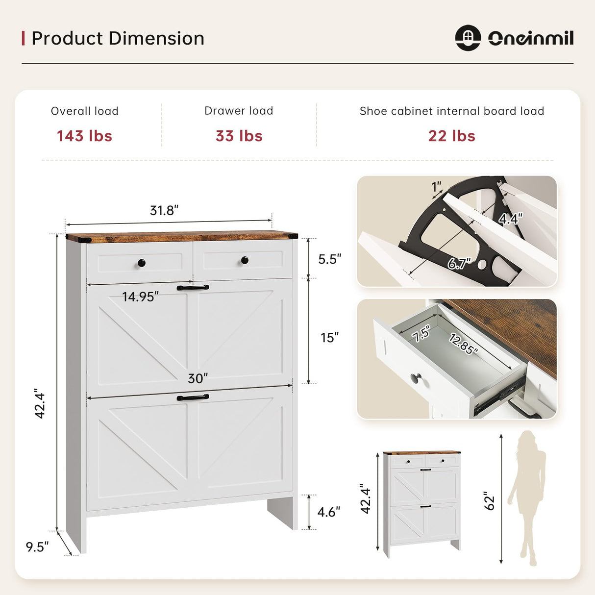 oneinmil Shoe Storage Cabinet, Farmhouse Shoes Organizer with 2 Flip Drawers & 2 Sliding Drawers, Freestanding Narrow Shoe Rack Cabinet for Entryway, Hallway, Living Room, White oneinmil