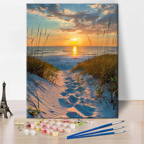 Paint by Number for Adults Beginner,Sand, Grass, and Ocean Waves Paint by Numbers,Seaside Sunset Paint by Numbers Kits Suitable for Home Wall Decoration 16x20 Inch Rebotipy