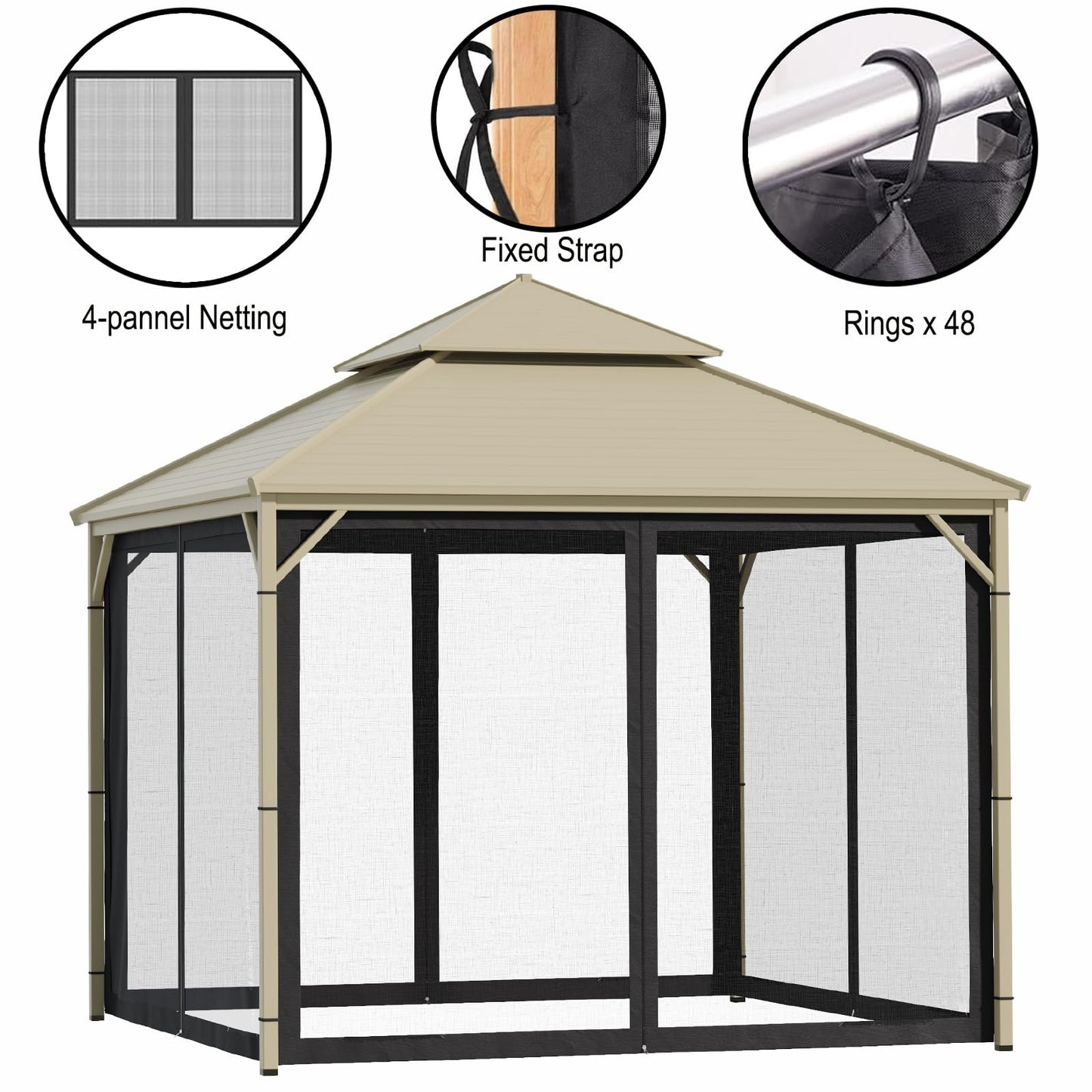 10'x10' Gazebo Replacement Mosquito Netting, Outdoor Universal Canopy Net Screen 4-Panel Sidewall Gazebo Curtains with Zipper for Patio Garden Yard Backyard (Mosquito Net Only)