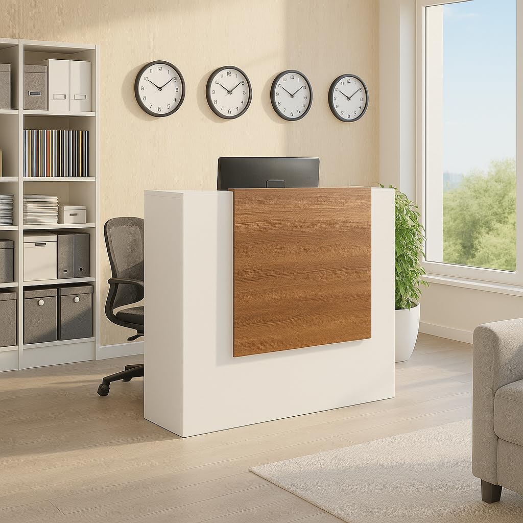 UGOS ICN 53 Inch Contemporary Reception Desk | Multifunctional Modern,Transaction Countertop, Laminate Desktop, Standing Front Table for Office, Home, School, Salon, Spa - White and Teak UGOS