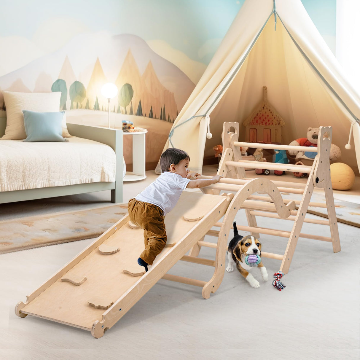 NEOCOZY Pikler Triangle Set with Cushion, Arch and Slide, Toddler Climbing Toys Indoor Playground, Montessori Climbing Set, Indoor Jungle Gym, Wooden Pickler-3 Piece Climbing Gym for Kids 2-6yr NEOCOZY