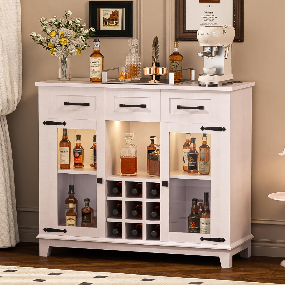 Bestwyc Coffee Bar Cabinet with LED Lighting, Storage, Wine Rack, Drawers, 47 inches, Antique White - WoodArtSupply