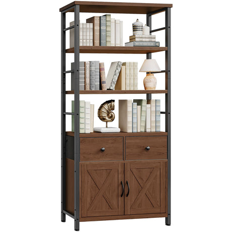 HOOBRO Bookshelf with Doors, Rustic Bookshelf with Drawers, Industrial Display Standing Shelf Units, Wooden and Metal Storage Shelf for Living Room, Home Office, Dining Room, Walnut and Black BH75SJ01 HOOBRO