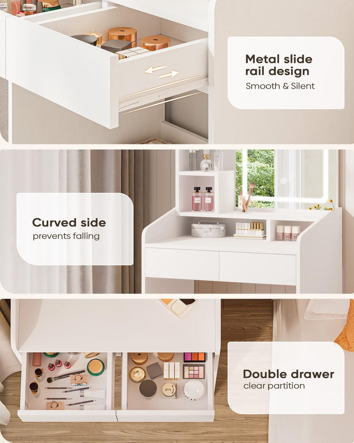 LIVELYGLOW Small Vanity Desk Set with Square Mirror and Light- Vanity Desk with Drawer- White LIVELYGLOW