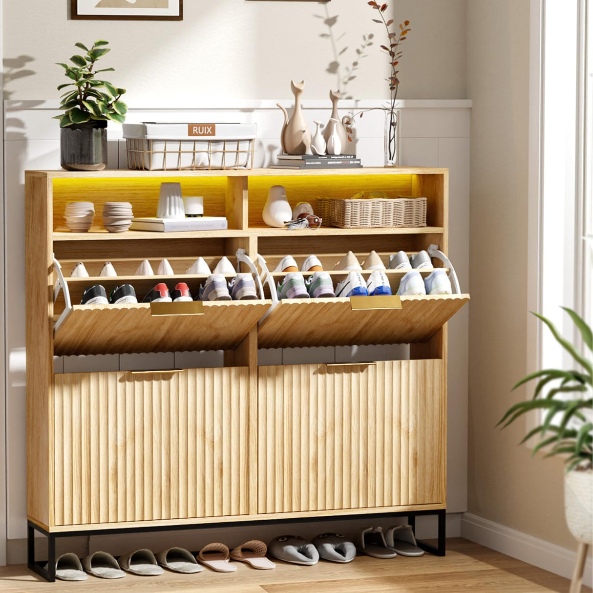 VINGLI Fluted Shoe Cabinet Storage for Entryway,Hidden Shoes Storage Cabinet with 4 Flip Drawers, Mid Century Modern Shoe Rack with LED Light,Shoes Organizer with Cubby for Hallway(Natural Oak) VINGLI
