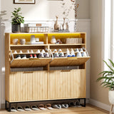 VINGLI Fluted Shoe Cabinet Storage for Entryway,Hidden Shoes Storage Cabinet with 4 Flip Drawers, Mid Century Modern Shoe Rack with LED Light,Shoes Organizer with Cubby for Hallway(Natural Oak) VINGLI
