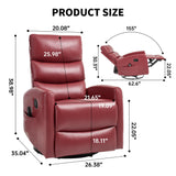 360° Swivel Recliner Chair for Adults, Small Manual Rocker with Heat & Massage, PU Leather Upholstered, Adjustable Backrest, Footrest & Side Pockets, Modern Living Room Chair, Red ALYIAMXL