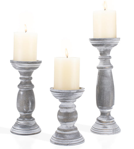 Rustic Wooden Pillar Candle Holders Set of 3, 12'' 9'' 6'' Farmhouse Wood Candle Stand for Table Centerpieces, Vintage Tall Candleholders Fireplace Mantel Decor for Living Room, Grey BANOMII