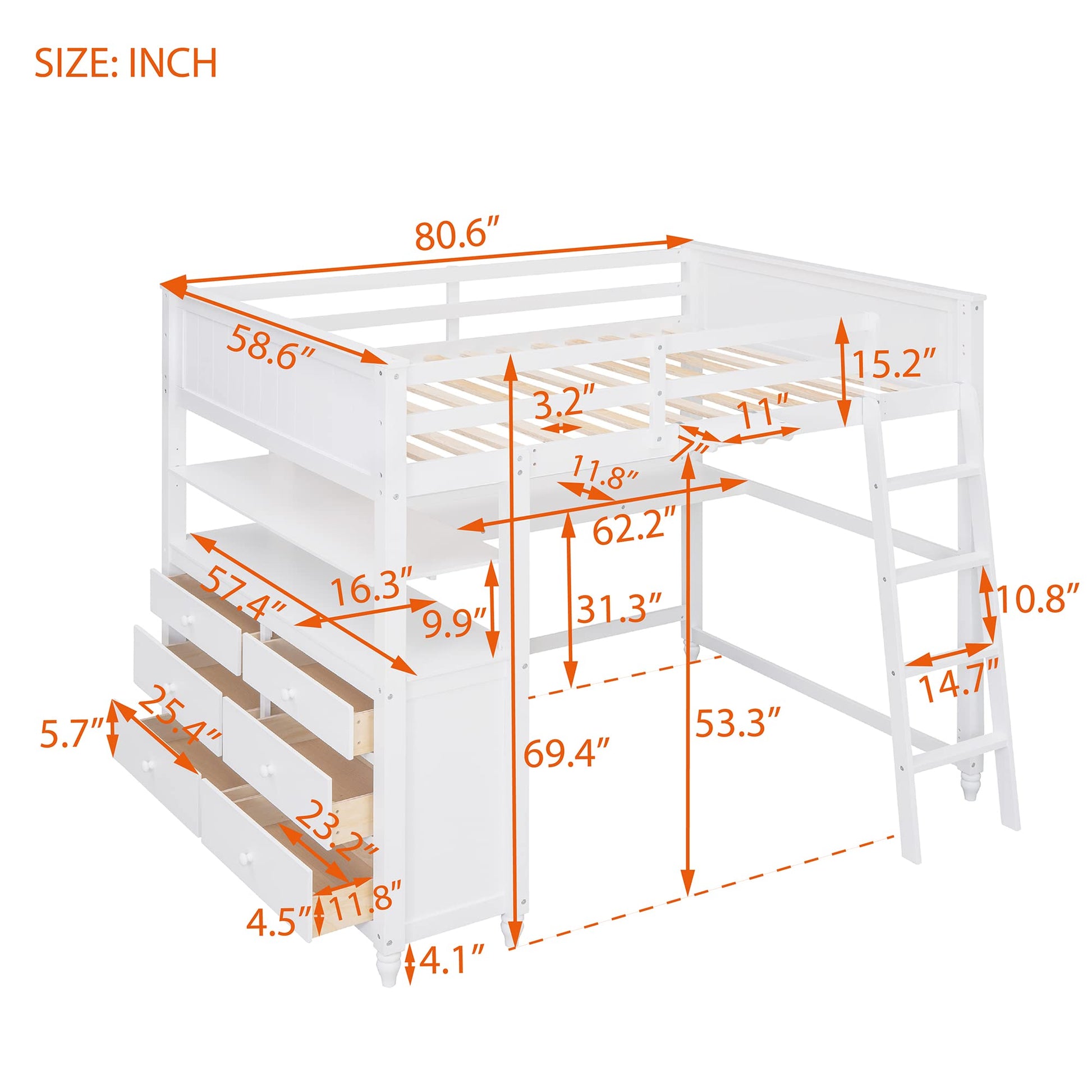 Full Size Solid Wood Loft Bed with Desk, Storage Drawers, and Safety Guardrails - White - WoodArtSupply